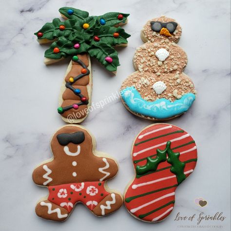 Beach Christmas Cookies, Christmas In July Cookies, 2024 Cookies, House Cookies, Beach Cookies, Hawaii Christmas, Christmas Beach, American Summer, Beach Ornaments