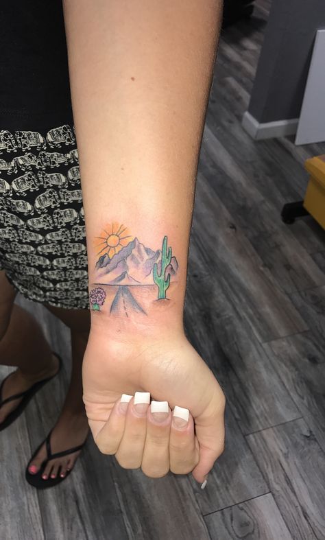 #arizona #scenery #tattoo #cactus #mountains #sun Arizona Tattoo Sleeve, Cactus With Sun Tattoo, California Desert Tattoo, Cactus Sunset Tattoo, Arizona Mountain Tattoo, Mountain And Cactus Tattoo, Mountain Cactus Tattoo, Grand Canyon Tattoo Ideas, Arizona Cactus Tattoo