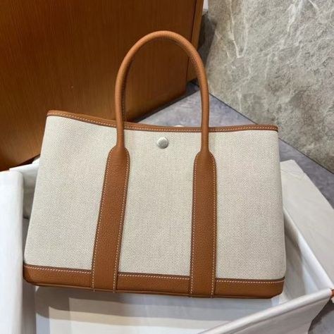 "Authentic Hermes Garden Party 30 H twill canvas calfskin handbag  " Hermes Garden Party 30, Canvas Leather Tote Bag, Hermes Garden Party, Canvas Leather Tote, How To Make Handbags, Bag Canvas, Daily Essentials, Canvas Leather, Beautiful Bags