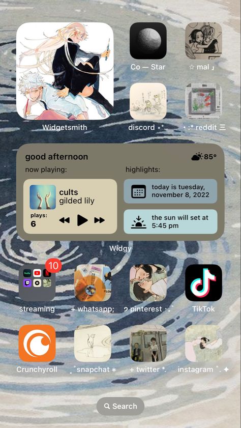 Anime Iphone Widgets, Anime Phone Homescreen, Japanese Homescreen Layout, Home Screen Layout Iphone Anime, Anime Layout Homescreen, Manga Phone Theme, Iphone Anime Layout, Manga Phone Layout, Anime Ios 16 Layout