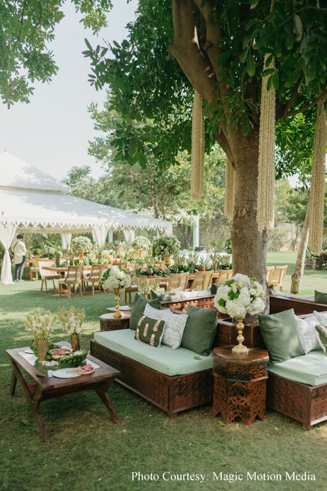 Sporting a plethora of unique themes that took a cue from nature - this couple’s fusion destination wedding is inspiration galore! - WeddingSutra Green Sangeet Decor, Garden Wedding Indian, Garden Indian Wedding, Sage Green Indian Wedding, Kerala Wedding Decorations, Kerala Wedding Decor, Indian Sangeet Decor, Wedding Decor Elements, Green Indian Wedding