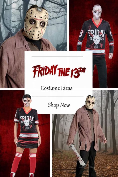 Friday the 13th costumes with mens Jason costume and mens and womens hockey jerseys Friday The 13th Costumes, Jason Halloween Costume, Costumes For Adults, Friday 13th, Jason Voorhees, Friday The 13th, Fancy Dress Costumes, Halloween Horror, Costume Dress