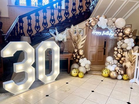 A Lister Events | Preston on Instagram: "T H I R T Y 💫🫶🏼☁️🪩⚡️ Disco balls, pampas, neon signs and a lot of balloons to celebrate Olivia’s 30th Birthday in style in THE most stunning home • #30thbirthday #balloonhoop #moongate #neonsign #pampasgrassdecor #balloonarchway #balloongarland #goldballoons #skipton #skiptonballoons #30thbirthdayparty #30thballoons #eventideas #theeventcollectivex #lednumbers #lightupnumbers" Balloon Archway, 30 Balloons, Pampas Grass Decor, Disco Balls, Gold Balloons, Balloon Garland, 30th Birthday, Preston, Led Light