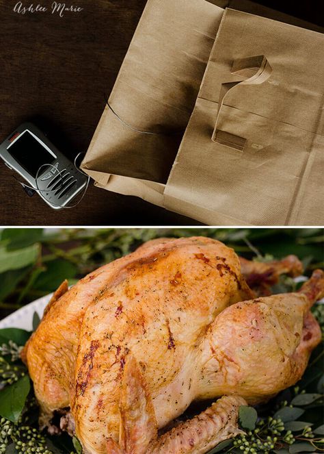 a good meat thermometer, 2 bags and some homemade compound butter are all you need for the perfect turkey - full of flavor, easy to make and super moist with a great skin Brown Bag Turkey Recipe, Bag Turkey Recipe, Brown Bag Turkey, The Perfect Turkey, Cook A Turkey, The Best Turkey, Perfect Turkey, Best Turkey, Baked Turkey