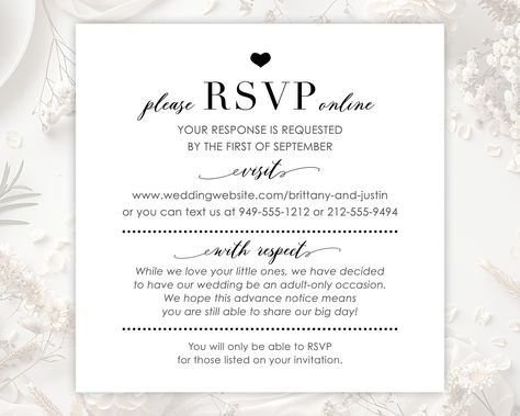 Online RSVP Card for Online Response to Wedding Invitation, Reply Insert w/ Wedding Website & No Kids, No Children at Wedding, RSVP by Text No Kids Wedding Invitation, Rsvp Cards Wedding, Wedding Motif, Rsvp Website, Online Cards, No Children, Rsvp Online, Rsvp Wedding Cards, Wedding With Kids