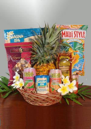 Tropical Basket Ideas, Hawaii Themed Gift Basket, Luau Gift Basket, Hawaiian Themed Gift Basket, Tropical Gift Basket Ideas, Pina Colada Gift Basket, Hawaii Gift Basket Ideas, Hawaii Gift Basket, Hawaiian Gift Basket Ideas