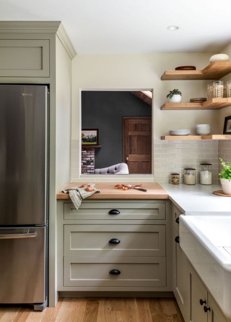 Green Cabinets With Butcher Block, Green Shaker Cabinets, Butcher Block Countertops Kitchen, England Kitchen, Light Green Kitchen, New England Kitchen, Greige Kitchen, Green Kitchen Island, Taupe Kitchen