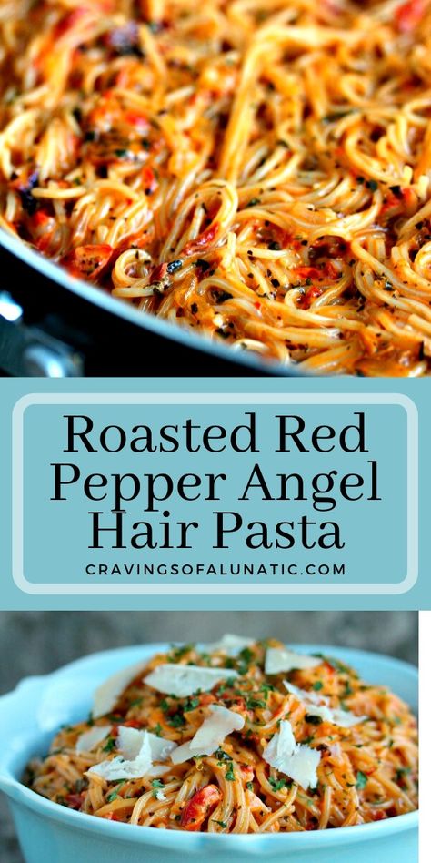 This Roasted Red Pepper and Chipotle Pepper in Adobo Angel Hair Pasta is simple to make yet full of complex flavours, a bit of heat and a creamy sauce. Angel Hair Pasta Recipes, Roasted Red Pepper Pasta, Red Pepper Pasta, Best Pasta Dishes, Red Sauce Pasta, Pepper Pasta, Angel Hair Pasta, Roasted Red Pepper, Chipotle Pepper