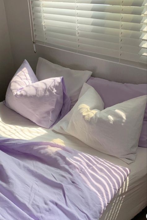 Bed purple lilac cute aesthetic Angelwing Lavender Bedroom Aesthetic, Olivia Rodrigo Bedroom, Purple Bed Sheets, Purple Dorm, Lilac Room, Purple Bedroom Ideas, Lilac Bedroom, Purple Bed, Lilac Aesthetic