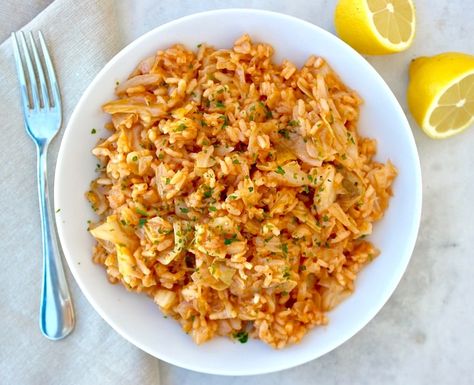 Greek Cabbage with Rice - Lahanorizo | Cabbage With Rice, Greek Cabbage, Greek Vegetables, Greek Rice, Cabbage Rice, Mediterranean Pasta, Easy Mediterranean Diet Recipes, Vegetable Casserole, Greek Dishes