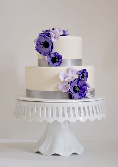 Wedding Cake Purple Flowers, Wedding Cake With Purple, Wedding Cakes Simple, 2 Tier Wedding Cakes, Lavender Wedding Cake, Cakes Simple, Anemone Wedding, Purple Wedding Cakes, Fondant Wedding Cakes