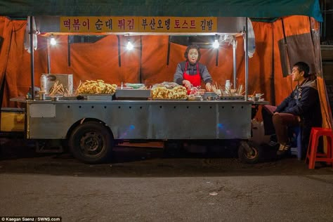 Everyday beauty:  This striking night scene of a Korean Street food stall was highly commended in the competition. Kaegan Saenz, a 27-year-old-teacher from Seoul in South Korea, took the picture on his way home from work. He said: 'Street food is very popular in the city and I wanted to capture the spirit of these food carts and the owners who run them' Korean Street Food Stall Design, Street Food Korea Night, Korean Food Stall, Korean Street Food Stall, Street Food Stall, Street Food Cart, Korean Bar, Foodtrucks Ideas, Epic Landscape