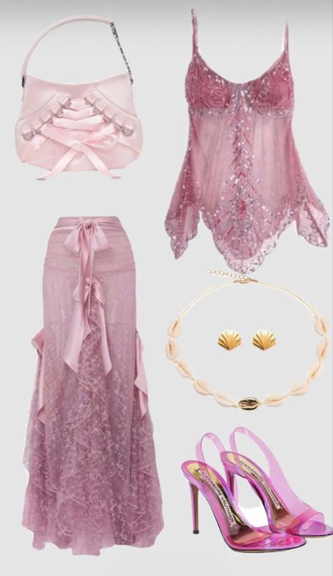 Pink Mermaidcore Outfits, Pink Mermaid Core Outfit, Pink Mermaid Aesthetic Outfit, Short And Sweet Outfit Ideas, Pink Mermaid Outfit, Blue Tops Aesthetic, Aphrodite Aesthetic Outfit Modern, Love Island Outfits Aesthetic, Lovergirl Aesthetic Outfits