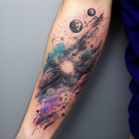 Space Tattoo Designs Color, Space Sleeve Tattoo Color, Watercolor Galaxy Tattoo Sleeve, Galaxy Tattoo Forearm, Watercolor Celestial Tattoo, Color Space Tattoo, Space Tattoo Color, Geometric Galaxy Tattoo, Galaxy Back Tattoo