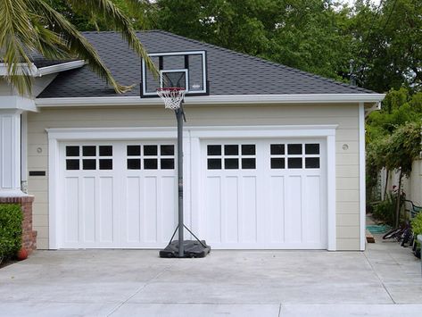 Exterior Design Color, Craftsman Style Garage, Paint Porch, Craftsman Style Door, Sherwin Williams Creamy, Garage Door Lights, Carriage House Garage Doors, Double Garage Door, Carriage House Doors