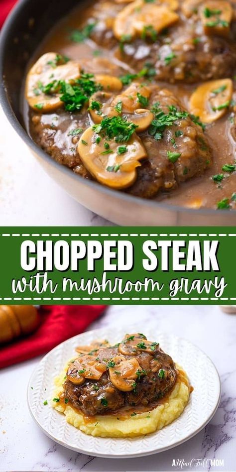 Smothered in rich mushroom gravy, these hamburger "steaks" are full of flavor, tender, and the ultimate comfort food! Smothered Chopped Steak, Gf Meatloaf, Chopped Steak Recipes, Mindful Mom, Beef Chops, Hamburger Steaks, Beef Entrees, Chopped Steak, Meat Meals