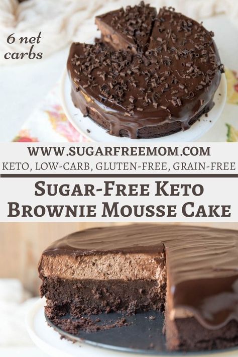 Sugar Free Keto Brownie Mousse Cake (Gluten Free, Nut Free) Keto Brownie Cake, Keto Brownie Pie, Keto Dessert Nut Free, Keto Chocolate Mousse Cake, Keto Christmas Cake Recipes, Keto Mousse Cake, Keto Nut Free Dessert, Nut Free Keto Desserts, Sugar Free Gluten Free Cake