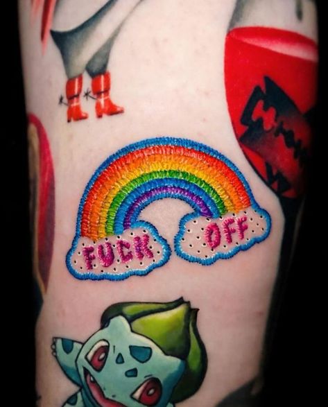 Small Embroidery Tattoo Ideas, 101 Tattoo, Pride Tattoo Ideas, Fancy Tattoo, Embroidery Tattoos, 90s Tattoos, Pride Tattoo, F Off, Bright Tattoos