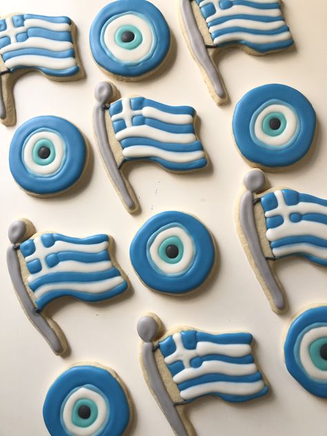 Evil Eye Cookies, Flag Sugar Cookies, Flag Cookies, Greek Flag, Themed Cookies, Greek Evil Eye, Decorated Sugar Cookies, Retirement Party, Retirement Parties