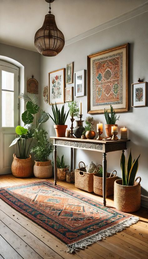 Welcome guests with this stylish boho bedroom entryway design! Featuring a vintage console table adorned with plants and decorative items, this space captures the essence of boho bedroom charm. #BohoBedroom #EntrywayDecor #HomeStyle #VintageCharm #BohemianVibes #WarmWelcomes #InteriorDesign #DecorInspiration #StylishEntryway Boho Farmhouse Hallway, Boho Front Entryway Ideas, Entry Way Table Boho, Boho Entryway Decor, Boho Entryway Table Decor, Console Table Decorating Boho, Vintage Console Table Decor, Vintage Eclectic Entryway, Boho Foyer Entryway