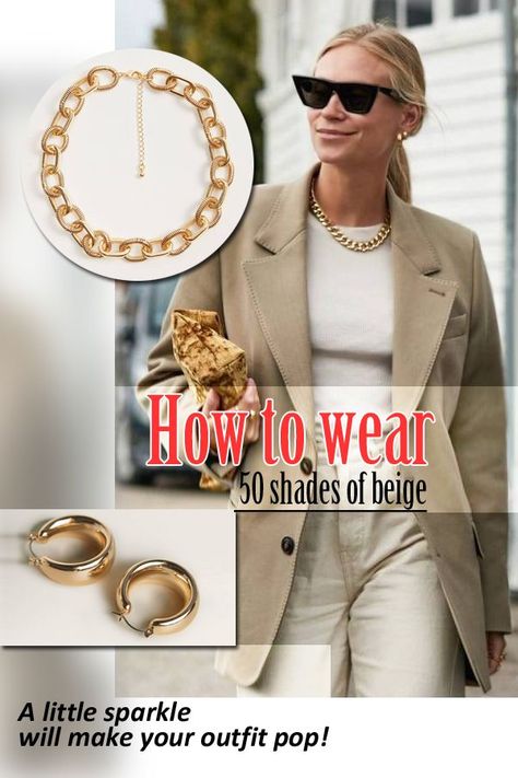 50 shades of #beige | How to wear | A little sparkle will make your beige outfit pop. Opt for a trending gold chunky chain link necklace. #beigeoutfit #styletips #styletip #tipstowear #howtowear #pantsuit #beigesuit #bestoutfit #fasiontrends #colortrends #fallcolors #beigepants #neutraltones #falltextures #goldchunkychain #chainlinknecklace #accessories #fallaccessories Chunky Gold Chain Necklace Outfit, Chunky Gold Necklace Outfit, Chunky Chain Necklace Outfit, Gold Chain Necklace Outfit, Gold Necklace Outfit, Beige Sweater Outfit, Chain Necklace Outfit, Beige Outfits, Chunky Gold Chain Necklace