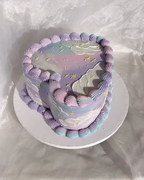 Joyce | Twiinkley Cakes on Instagram: "Inspo @aprilsbakerlondon ✨ #cutecake #cutecakes #heartcake #heartcakes #heartshapecake #heartshapedcake #cottoncandycake #birthdaycake #birthdaycakeideas #cakeinspo" Crescent Moon Shaped Cake, Girly Space Cake, Cute Pink Cakes Birthdays, 29 Birthday Cake, Iridescent Cake, 29 Cake, Two The Moon Cake, Pastel Birthday Party, 29th Birthday Cakes