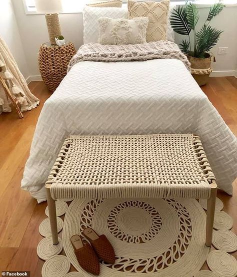 Kmart Coffee Table, Rope Bench, Woven Bench, Boho Ottomans, Diy Boho Decor, Boho Style Bedroom, Boho Chair, Woven Furniture, Boho Furniture