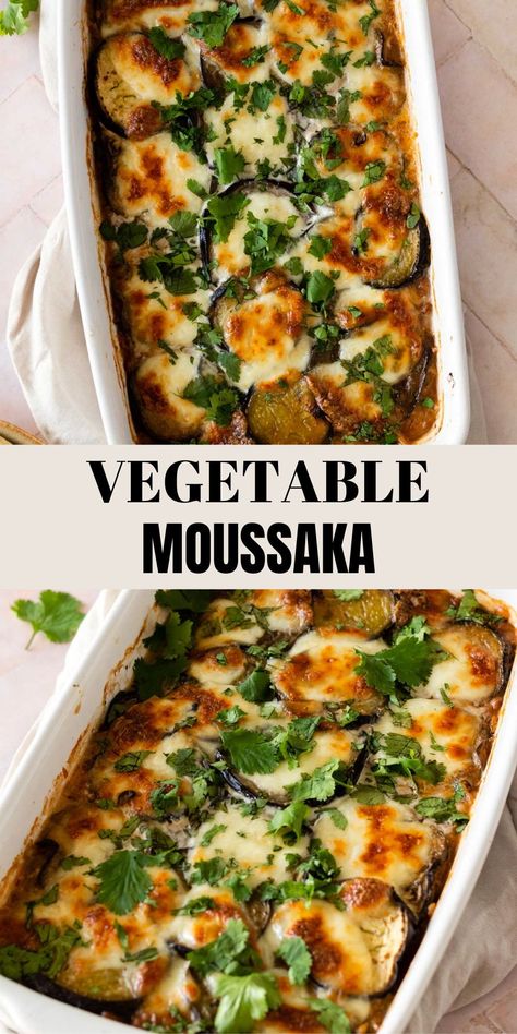 This vegetarian moussaka is the perfect comfort food! This dish is layered with aubergine and lentils in a delicious tomato sauce and topped with mozzarella cheese. This recipe is excellent to make ahead and freezer-friendly. Moussaka Recipe Vegetarian, Veggie Moussaka, Vegetable Moussaka, Vegetarian Moussaka, Aubergine Recipe, Moussaka Recipe, Eggplant Dishes, Vegetarian Main Dishes, Tasty Vegetarian Recipes