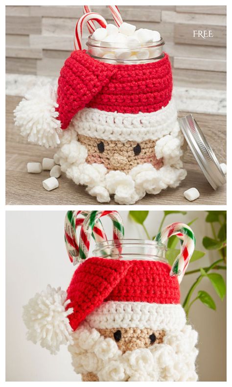 Diy Holiday Candles, Crochet Jar Covers, Mason Jar Cozy, Crochet Lamp, Christmas Crochet Blanket, Crochet Mug Cozy, Crocheted Christmas, Crochet Christmas Gifts, Santa Patterns