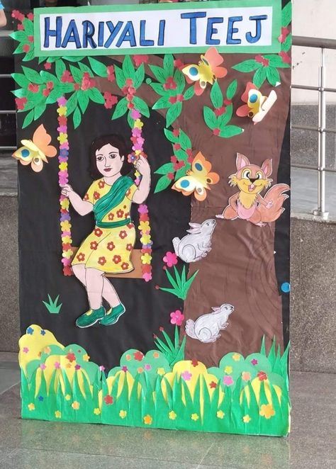 Teej Festival Board Decoration In School, Teej Celebration Ideas For School, Teej Decoration Ideas For School, Teej Festival Decoration In School, Hariyali Teej Decoration, Teej Decoration Ideas, Teej Festival Decoration Ideas, Sattu Decoration Ideas, Teej Festival Decoration