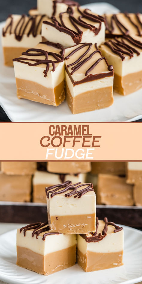 Chocolate adds a fun flair to this Caramel Coffee Fudge. The caramel and coffee layers are easy to make and it tastes like a caramel latte. Carmel Coffee Fudge, Carmel Coffee, Coffee Fudge, Easy Caramel, Caramel Fudge, Homemade Candy, Caramel Latte, Caramel Coffee, Christmas Treat