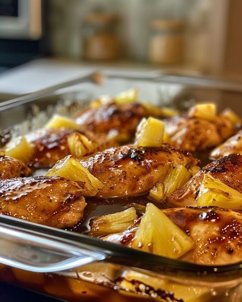 One of my favorite oven recipes! The taste is next level! Easy Main Meals For Dinner, Baked Pineapple Teriyaki Chicken, In The Kitchen, Asian Casserole Recipes, Madeira Chicken, Teriyaki Chicken With Pineapple, Meatloaf Ideas, Pineapple Recipes Dinner, Pineapple Teriyaki Chicken