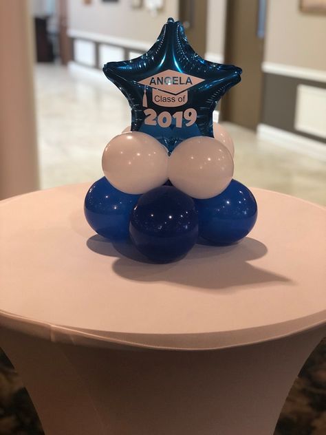 Balloon Graduation Centerpieces, Graduation Centerpiece Ideas Balloons, Balloon Center Piece Ideas, Blue And Gold Graduation Centerpieces, Blue And Gold Balloon Centerpiece, Graduation Balloon Bouquets 2023, Graduation Centerpiece, Graduation Centerpieces, Table Top Balloon Centerpieces