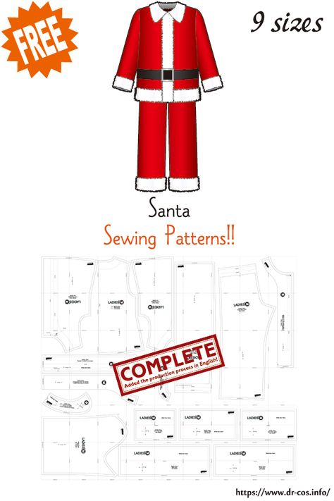 Santa Claus Sewing Pattern, Santa Suit Pattern, Santa Patterns Printable, Diy Santa Costume, Toddler Santa Costume, Cosplay Sewing, Santa Claus Suit, Santa Claus Outfit, Suit Sewing Patterns