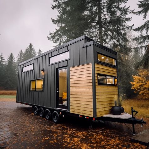 Take a look at this stunning tiny house design! Tiny House Metal Siding, Black Tiny Home, Black Metal Siding, Cabin Summer, Glamping Ideas, Mobile House, House Styling, Metal Siding, Sales Office