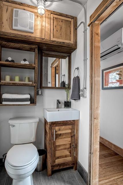 #Traditional #bathroom arrangement; #Classic & #simple.See our #rustic #designs at Risingbarn.com. House Bathroom Designs, Rustic Tiny House, Ikea Interior, Kitchen Ikea, Interior Design Minimalist, Bathroom Tub Shower, Cabin Bathrooms, Tiny House Bathroom, Tiny House Kitchen