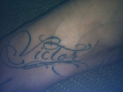 My sons name Victor Victor Name Tattoo, Victor Name, Upper Arm Tattoos, Name Tattoo, Name Writing, Name Tattoos, Fish Tattoos, Arm Tattoo, Jesus Fish Tattoo