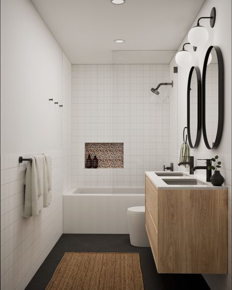 In this shared bathroom, we used geometric shapes to achieve a playful yet timeless look. The walls feature square matte white tiles with contrasting grey grout, creating visual interest. Meanwhile, the neutral grey hex floor tiles seamlessly coordinate with other areas of the home. We think our clients will love this room for years to come! As an architect, I firmly believe that deliberate design choices and carefully curated material selections can truly transform your living space. If you... Grey Grout Bathroom, White Square Tiles, Bathroom Grout, Grey Grout, White Bathroom Tiles, Studios Architecture, Beauty Lounge, Square Tile, An Architect