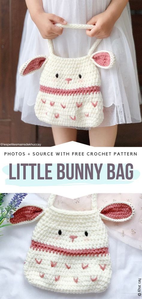 Little Bunny Bag Free Crochet Pattern #crochetbunny Bag Free Crochet Pattern, Baby Purse, Bunny Ideas, Crocheted Bags, Bags Crochet, شال كروشيه, Confection Au Crochet, Bunny Bags, Crochet Bunny Pattern