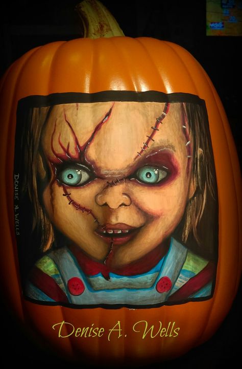 Chucky acrylic pumpkin painting by Denise A. Wells October 2016 Chucky Painted Pumpkin, Chucky Pumpkin Painting, Acrylic Pumpkin Painting, Chucky Pumpkin, Awesome Outdoor Halloween Decorations, Pumpkin Board, Pumpkin Paintings, Pumpkin Paint, Pumpkin Idea