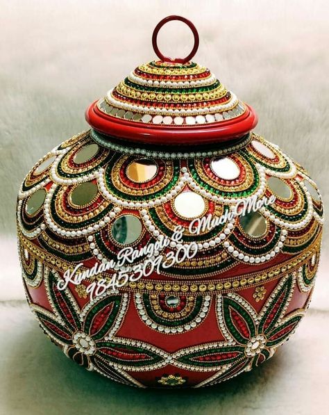 #decoratedricepot #handcraftedricepot #rhinestone studdedricepot Kalash Decoration Indian Weddings, Matka Decoration Pots Wedding, Kalash Decoration, Wall Hanging Paper Craft, Hanging Paper Craft, Craft For Home Decoration, Coconut Decoration, Paper Flower Wall Hanging, Thali Decoration Ideas