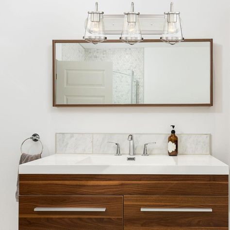 Designers Fountain Darby 3-Light Satin Platinum Interior Bath Bar Light - 87003-SP - The Home Depot Farmhouse Vanity Lights, Vanity Light Bar, Farmhouse Vanity, Rustic Inspiration, Led Vanity Lights, Contemporary Vanity, Vanity Bathroom, Bathroom Light, Modern Cottage