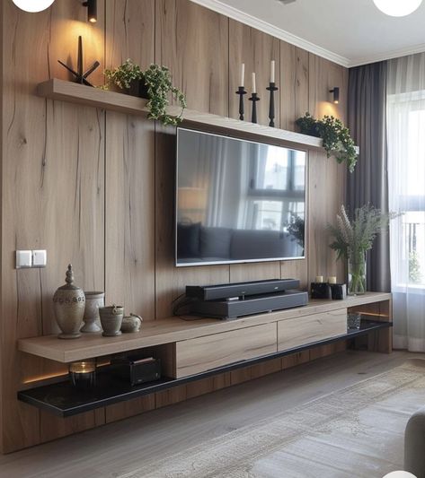 Wood Feature Wall Living Room, Grey And Wood Living Room Ideas, Mounted Tv Ideas Living Rooms, Livng Room, Painel Home, Wall Decor Living Room Modern, Modern Tv Unit Designs, Living Room Wall Designs, Feature Wall Living Room