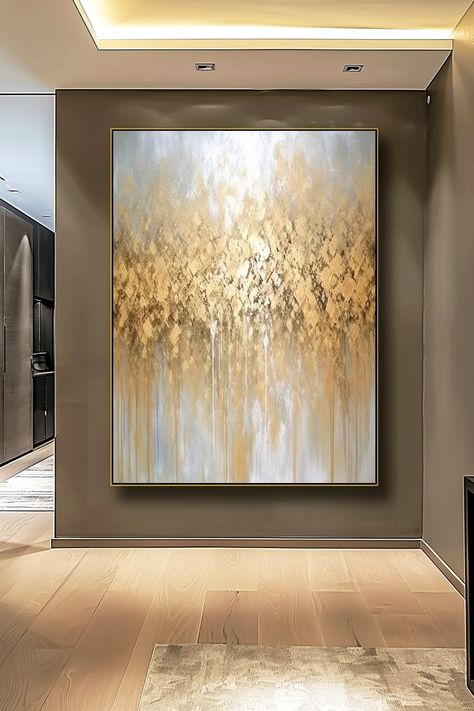 Original handmade gold abstract canvas art with textured brushstrokes and dripping effect in gold, beige, and white tones Dripping Effect, Gold Wall Art, Contemporary Interiors, Abstract Canvas Art, Contemporary Interior, Abstract Canvas, Art Original, Abstract Art, Canvas Art