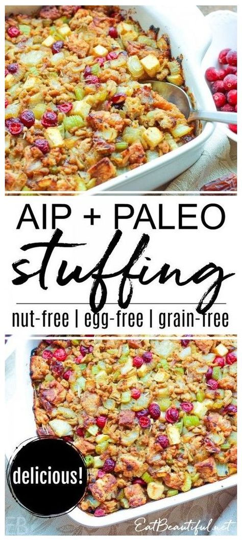 The most delicious stuffing recipe! ~ Everything you love about stuffings: bread (great and easy AIP and Paleo Biscuits), sausage (for that perfect umami appeal and texture), onions, celery, fresh and dried fruit, and just the right herbs and AIP spices. || Eat Beautiful | aip stuffing | aip Thanksgiving stuffing | paleo Thanksgiving stuffing | aip christmas | aip holiday | aip side dish | thanksgiving | stuffing | paleo | aip | #aip #stuffing #paleo #holiday #recipe #thanksgiving Paleo Stuffing Recipes, Aip Spinach Recipes, Aip Stuffing Thanksgiving, Recipes For Autoimmune Disease, Aip Foods At Costco, Paleo Stuffing Thanksgiving, Whole30 Thanksgiving Recipes, Aip Reintroduction Plan, Aip Holiday Recipes