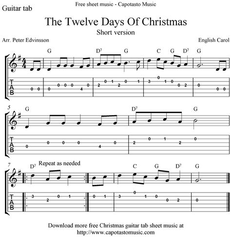 Free Sheet Music Scores: The Twelve Days Of Christmas, free guitar tablature sheet music Gutair Songs, Beginner Sheet Music, Christmas Ukulele, Sheet Music For Beginners, Christmas Guitar, Guitar Easy, Guitar Tablature, Guitar Tabs For Beginners, Banjo Music