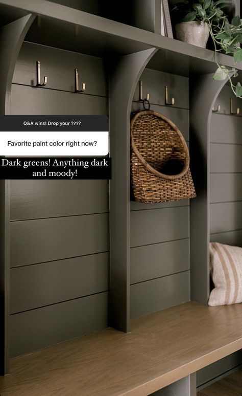 Green Mud Room Ideas, Small Mudroom Decor, Dark Green Mudroom, Mudroom Shiplap Wall, Black Shiplap Mudroom, Black Mudroom Lockers, Iron Ore Mudroom Lockers, Dark Green Mudroom Lockers, Green Mudroom