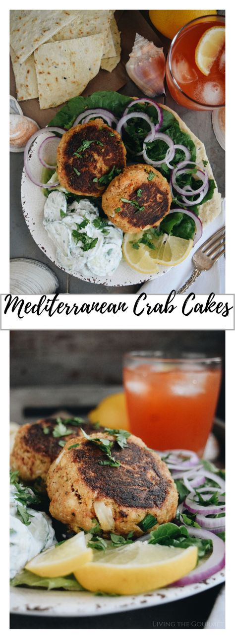 Mediterranean Crab Cakes - Living The Gourmet Recipes Pescatarian, Cooked Cucumber, Cook Fish, Crab Cake Recipe, Fantastic Recipes, Sides Recipes, Delicious Seafood Recipes, Seafood Recipe, Appetizers For A Crowd