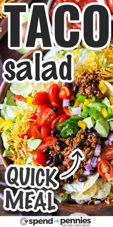 Crispy, crunchy, and colorful, who doesn’t love a Taco Salad? This easy taco salad recipe is so much fun to put together because there are so many different toppings you can add! Plus it's super versatile, add ground beef, ground chicken, or even shrimp! #spendwithpennies #tacosalad #tacosaladrecipe #easytacosalad Salad Recipes For A Party, Recipes Using Taco Seasoning, Meterranian Diet, Taco Salads Recipes, Tacos Salad Recipes, Recipe For Taco Salad, Best Taco Salad Recipe, Turkey Taco Salad Recipe, Homemade Taco Salad