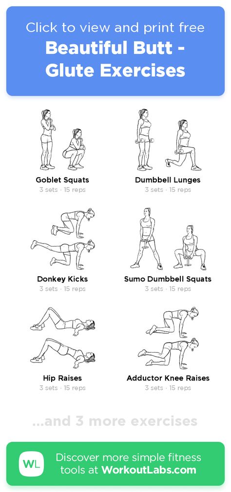 Beautiful Butt - Glute Exercises – click to view and print this illustrated exercise plan created with #WorkoutLabsFit Glutes Dumbells Workout, Glute Exercises With Dumbbells, Dumbell Glute Exercise, Exercise Glutes Women, Dumbell Glute Workout For Women, Glute Workout Dumbell, Fat Burning Workout Women, Dumbbell Glutes, Dumbbell Glute Workout